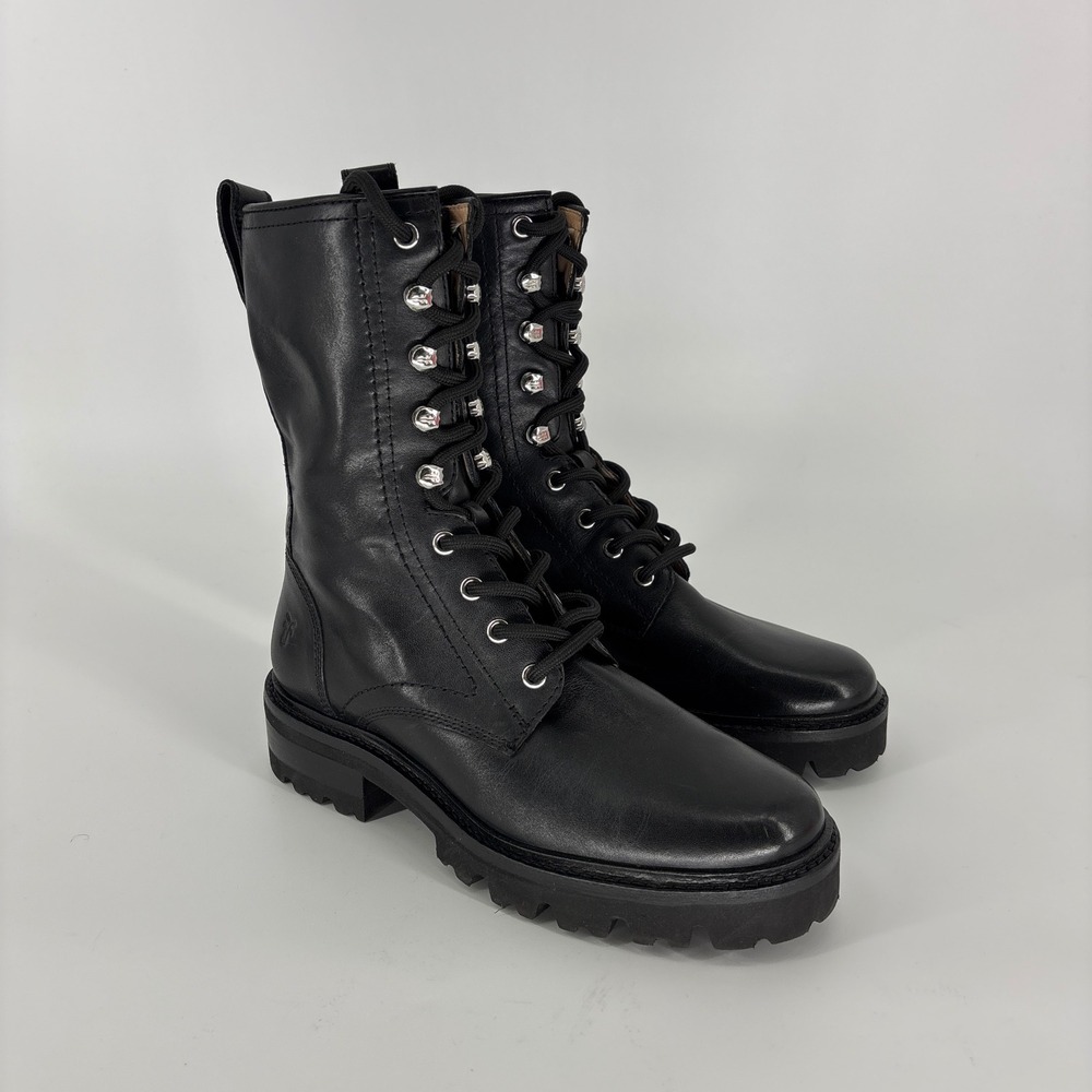 Frye Olivia Combat Boots Black Women Size 6 Leather Lace Up Side Zip Lug Sole